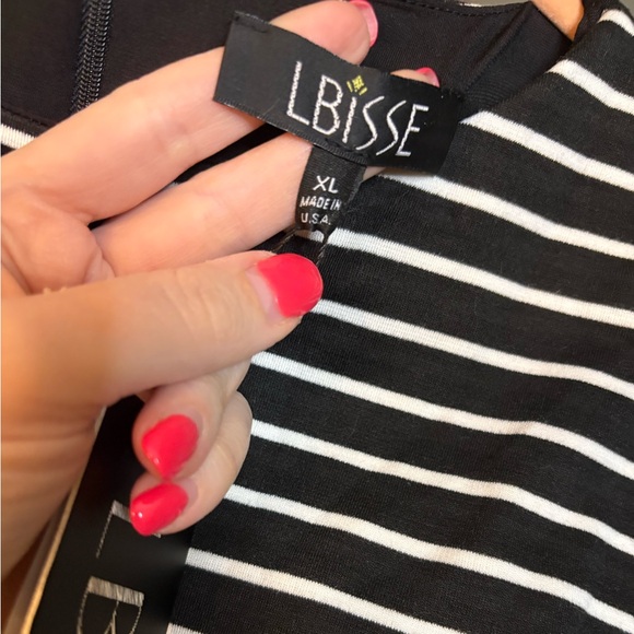 LBISSE Striped Bodice Floral Skirt Fit-and-Flare Dress - Black, White & Teal - Picture 3 of 6